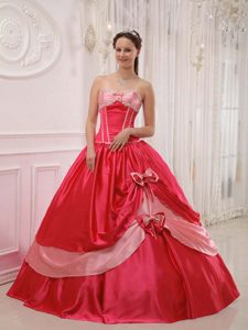 Sweetheart Pink and Red Taffeta Quinceanera Dress with Beading and Bow for Cheap