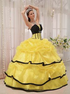 Gorgeous Yellow and Black Organza Quinceanera Dress with Pick-ups and Appliques