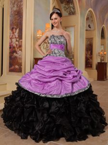 Nice Strapless Lavender and Black Ruffled Quinceanera Dress with Pick-ups and Zebra