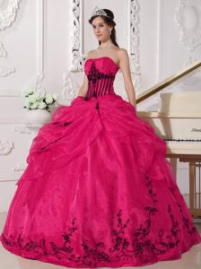Newest Hot Pink Strapless Ball Gown Quinceanera Dress with Pick-ups and Appliques