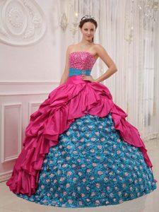 Coral Red Strapless Taffeta Beaded Quinceanera Dress with Pick-ups and Blue Flowers