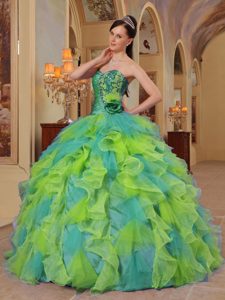Multi-colored Sweetheart Organza Beaded Quinceanera Dress with Ruffles and Flower