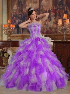 2014 Flounced Strapless Lavender and White Appliqued Dress for Quince with Ruffles