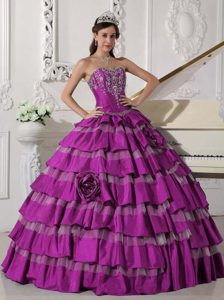 Embroidered Sweetheart Fuchsia Taffeta Quinceanera Dresses with Layers and Flower