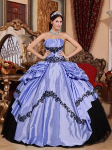 Ruched Strapless Lilac Taffeta and Black Appliqued Quinceanera Dress with Pick-ups