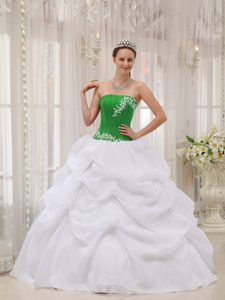 Green Taffeta and White Organza Strapless Quinceanera Dress with Appliques for Less