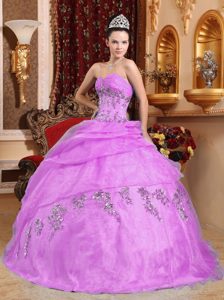 Ruched Sweetheart Lavender Organza Quinceanera Dress with Appliques and Pick-ups