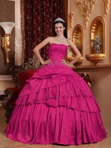 Cheap Hot Pink Ruched Strapless Taffeta Quinceanera Dress with Layers and Appliques
