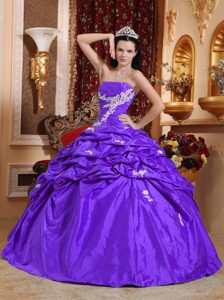Ruched Strapless Taffeta Purple Sweet 16 Dress with Appliques and Pick-ups on Sale
