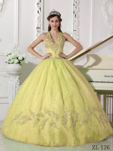 V-neck Halter Light Yellow Organza Quinceanera Dress with Appliques on Promotion