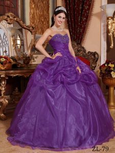 Eggplant Purple Sweetheart Organza Quinceanera Dresses with Pick-ups and Beading