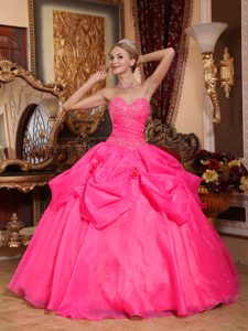 Hot Pink Sweetheart Organza Quinceanera Dress with Pick-ups and Beading on Sale