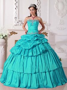 New Turquoise Layered Taffeta Strapless Quinceanera Dress with Pick-ups and Beading