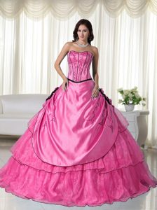 Hot Pink Sweetheart Taffeta and Organza Quinceanera Dress with Pick-ups and Flower