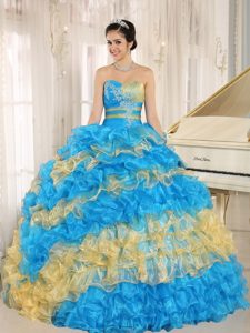 Ruched Sweetheart Multi-colored Organza Dress for Quince with Ruffles and Appliques