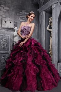 Dark Purple and Black Strapless Organza Quinceanera Dress with Ruffles and Leopard