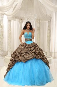 Slot Neckline Aqua Blue and Leopard Quinceanera Dress with Pick-ups and Beading