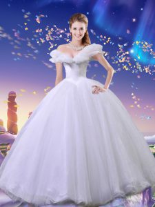 Cinderella Off the Shoulder Sleeveless Floor Length Beading and Bowknot Lace Up Sweet 16 Quinceanera Dress with White