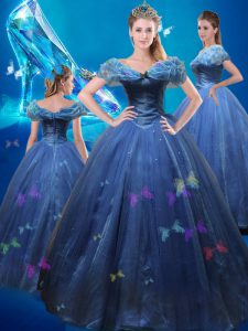 Attractive Cinderella Off the Shoulder Sleeveless Tulle Floor Length Lace Up Sweet 16 Quinceanera Dress in Navy Blue with Beading and Bowknot