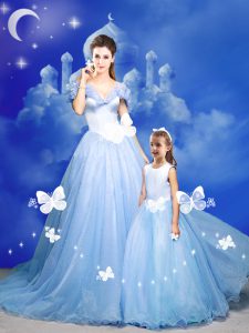 Light Blue Off The Shoulder Neckline Beading and Bowknot and Hand Made Flower Quinceanera Dresses Sleeveless Zipper