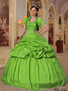 Green Sweetheart Taffeta Dresses for Quince with Beading and Pick Ups