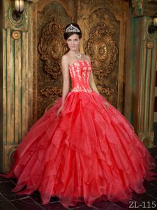 Gorgeous Strapless Appliqued Organza Quinceanera Gowns in Coral Red