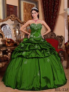 Green Appliqued Sweetheart Quinceanera Dress with Pick Ups in Taffeta