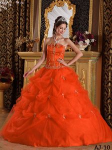 Orange Strapless Tulle Quinceanera Dresses with Pick-ups and Appliques