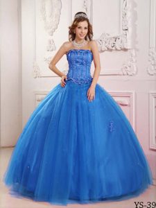 Classical Strapless Tulle Blue Sweet 16 Dresses with Beading on Sale