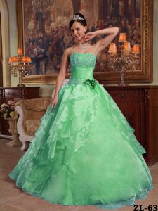 Apple Green Strapless Layered Organza Quinceanera Dress with Beading and Flower