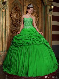 Spring Green Sweetheart Appliqued Taffeta Quinceanera Dress with Pick-ups on Sale