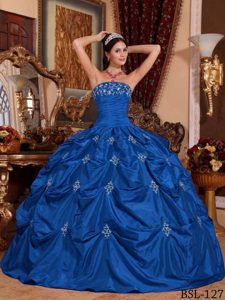 Royal Blue Strapless Ruched Taffeta Quinceanera Dress with Pick-ups and Appliques