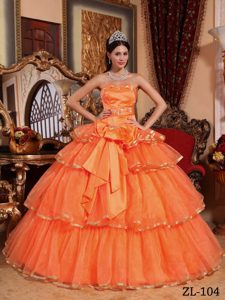 Strapless Orange Red Organza Beaded Quinceanera Dress with Layers and Bowknot