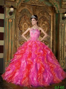2014 Hot Pink and Orange Appliqued Quinceanera Gown Dress with Ruffles in Fashion