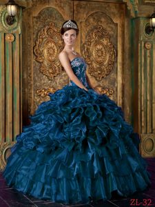 Navy Blue Sweetheart Organza Quinceanera Dress with Appliques and Ruffles on Sale