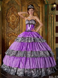 Sweetheart Lavender Taffeta and Zebra Quinceanera Dress with Appliques and Layers