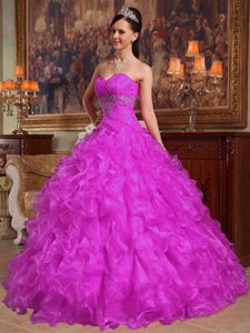 Hot Pink Sweetheart Organza Quinceanera Dress with Ruffles and Beading for Cheap