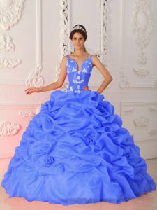 Chic Straps Ball Gown Blue Appliqued Quinceanera Dress with Pick-ups and Flower