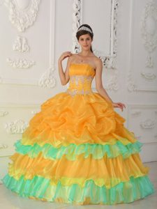 Orange and Green Strapless Appliqued Organza Quinceanera Dresses with Pick-ups