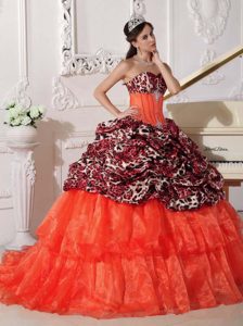 Best Sweetheart Brush Train Leopard and Orange Quinceanera Dresses with Pick-ups