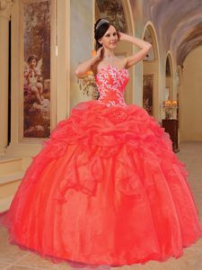 Orange Red Sweetheart Organza Quinceanera Dresses with Pick-ups with Appliques