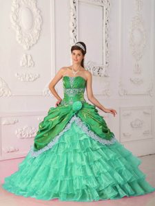 Strapless Brush Train Tow-Toned Green Organza Quinceanera Dresses with Pick-ups