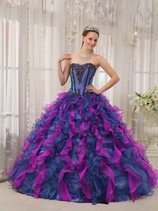 Latest Multi-colored Strapless Ball Gown Appliqued Quinceanera Dress with Ruffles