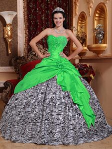 Beaded Sweetheart Spring Green Taffeta and Zebra Quinceanera Dress with Flowers