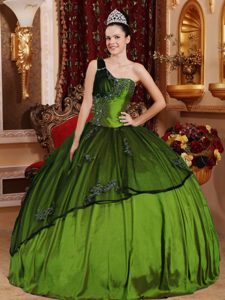 One-shoulder Olive Green Appliqued Taffeta Quinceanera Gown Dress with Beading