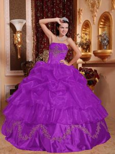 Purple Strapless Ball Gown Organza Quinceanera Dress with Pick-ups and Appliques