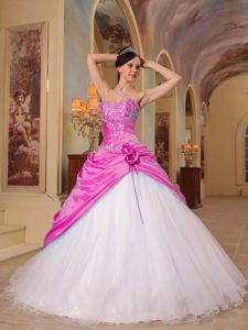 Beaded Sweetheart Pink Taffeta and Black Tulle Quinceanera Dresses with Pick-ups