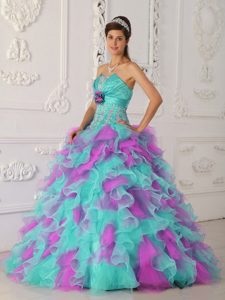 Great Green and Fuchsia Strapless Organza Appliqued Quinceanera Dress with Ruffles