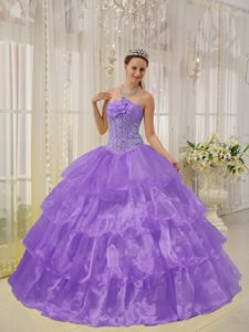 Lavender Strapless Layered Beaded Organza Quinceanera Gown Dress with Flowers