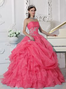 Chichi Strapless Watermelon Organza Quinceanera Dress with Pick-ups and Ruffles